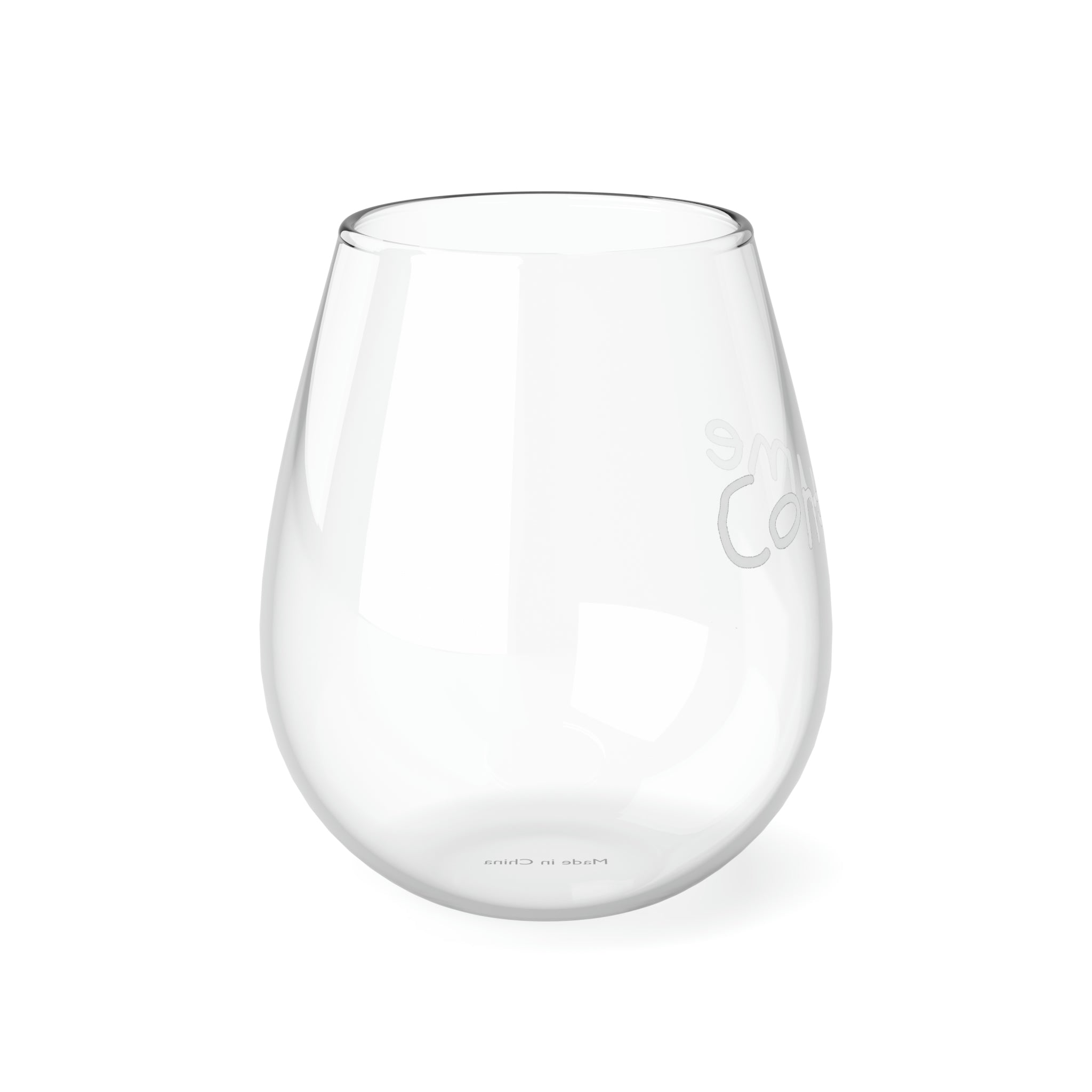 A sleek and elegant stemless wine glass holding 11.75 oz of wine, featuring a glossy finish and personalized design options.