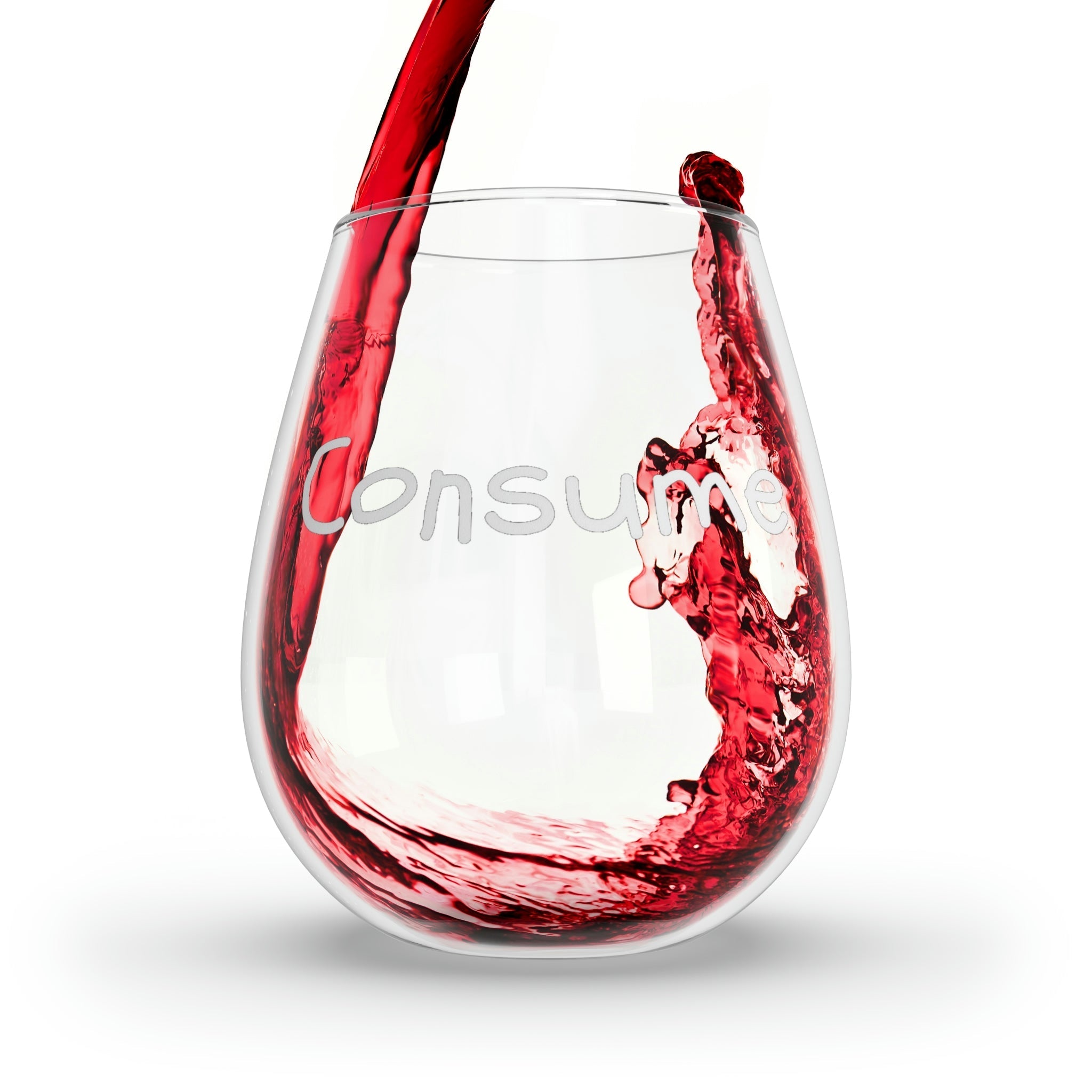 A sleek and elegant stemless wine glass holding 11.75 oz of wine, featuring a glossy finish and personalized design options.
