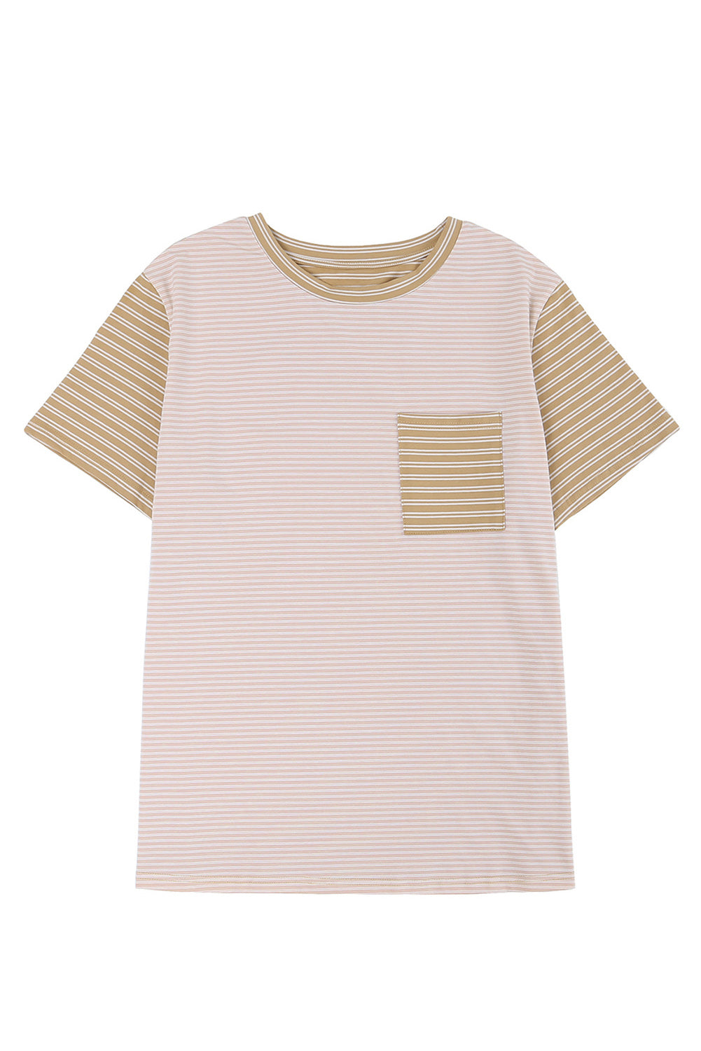 A stylish Contrast Striped Patchwork Tee featuring a round neckline, short sleeves, and a chest pocket, showcasing a vibrant color combination.