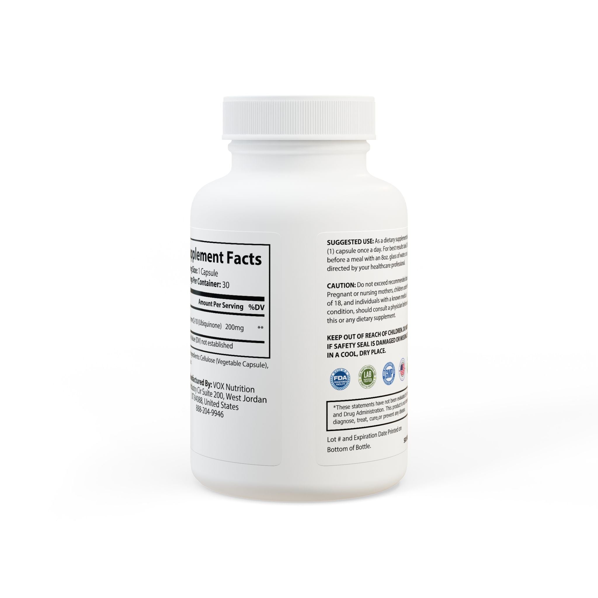 Bottle of CoQ10 (Ubiquinone) supplement containing 30 vegetable capsules, labeled with key benefits and ingredients.