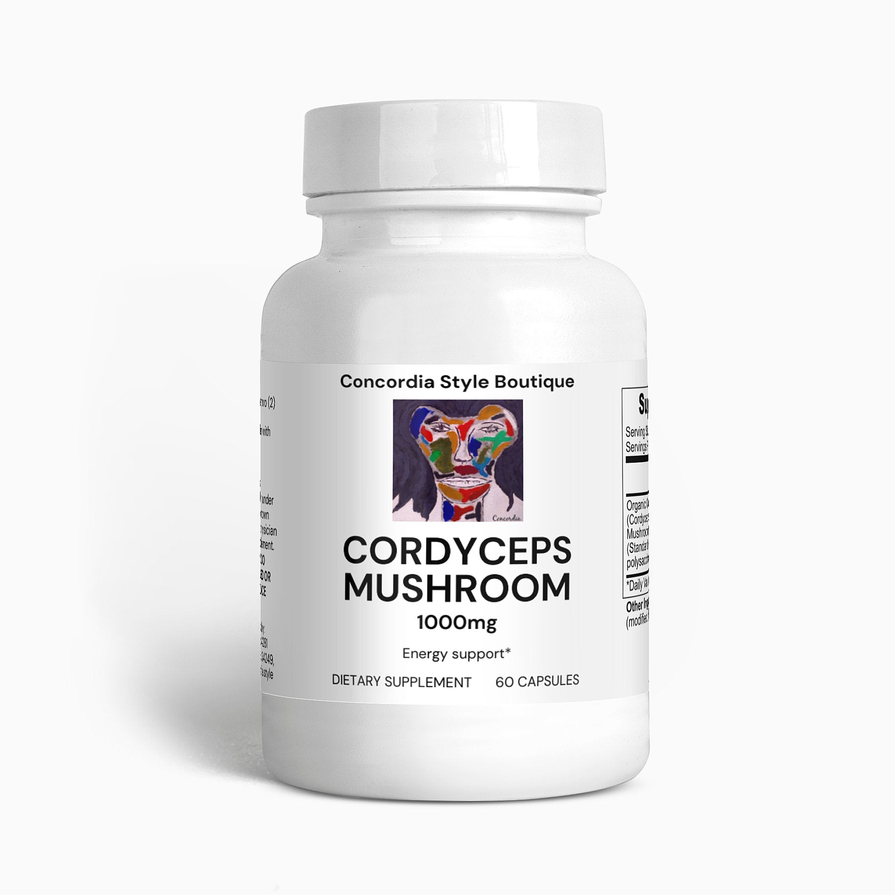 A bottle of Cordyceps Mushroom capsules, showcasing the vegan-friendly and organic supplement with a label indicating its health benefits.