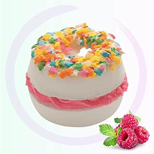 Bomb Cosmetics Raspberry Pav-Lover Whoopie Bath Blaster, a vibrant pink bath bomb shaped like a dessert, surrounded by raspberries.