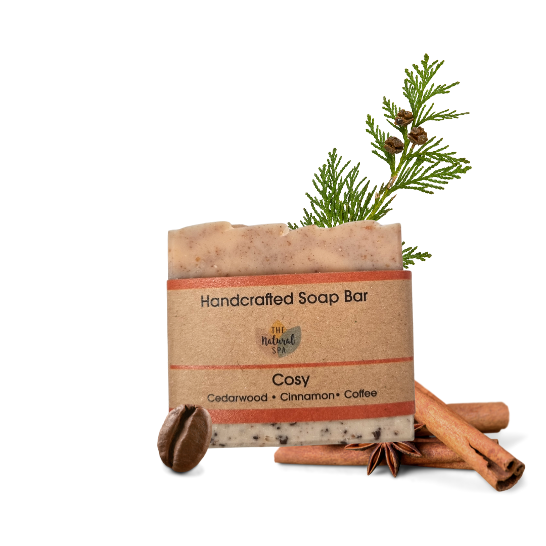 Cosy Cold Process Soap featuring coffee, cedarwood, and cinnamon, beautifully designed and handmade.