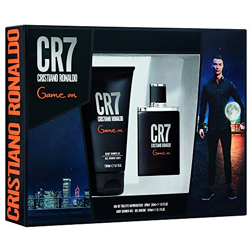 Cristiano Ronaldo CR7 Game On Gift Set featuring 30ml EDT spray and 100ml shower gel in stylish packaging.