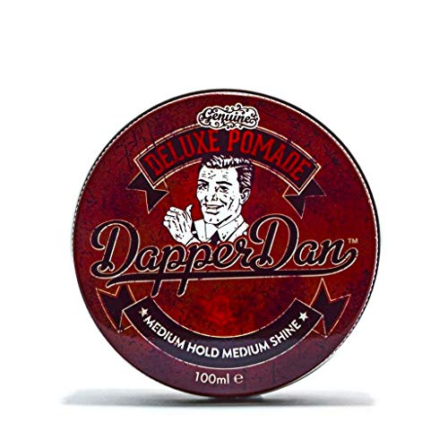 Dapper Dan Deluxe Pomade in a stylish jar, showcasing its medium hold and shine properties.