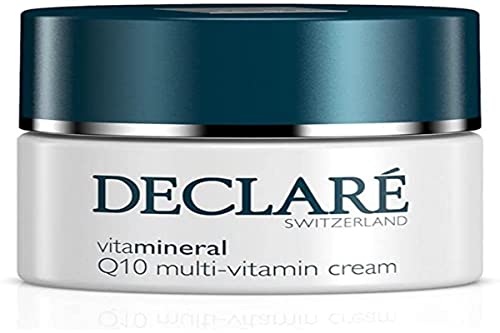 Declare Vitamineral Q10 Multi-Vitamin Cream jar with a sleek design, showcasing its luxurious texture and vibrant packaging.