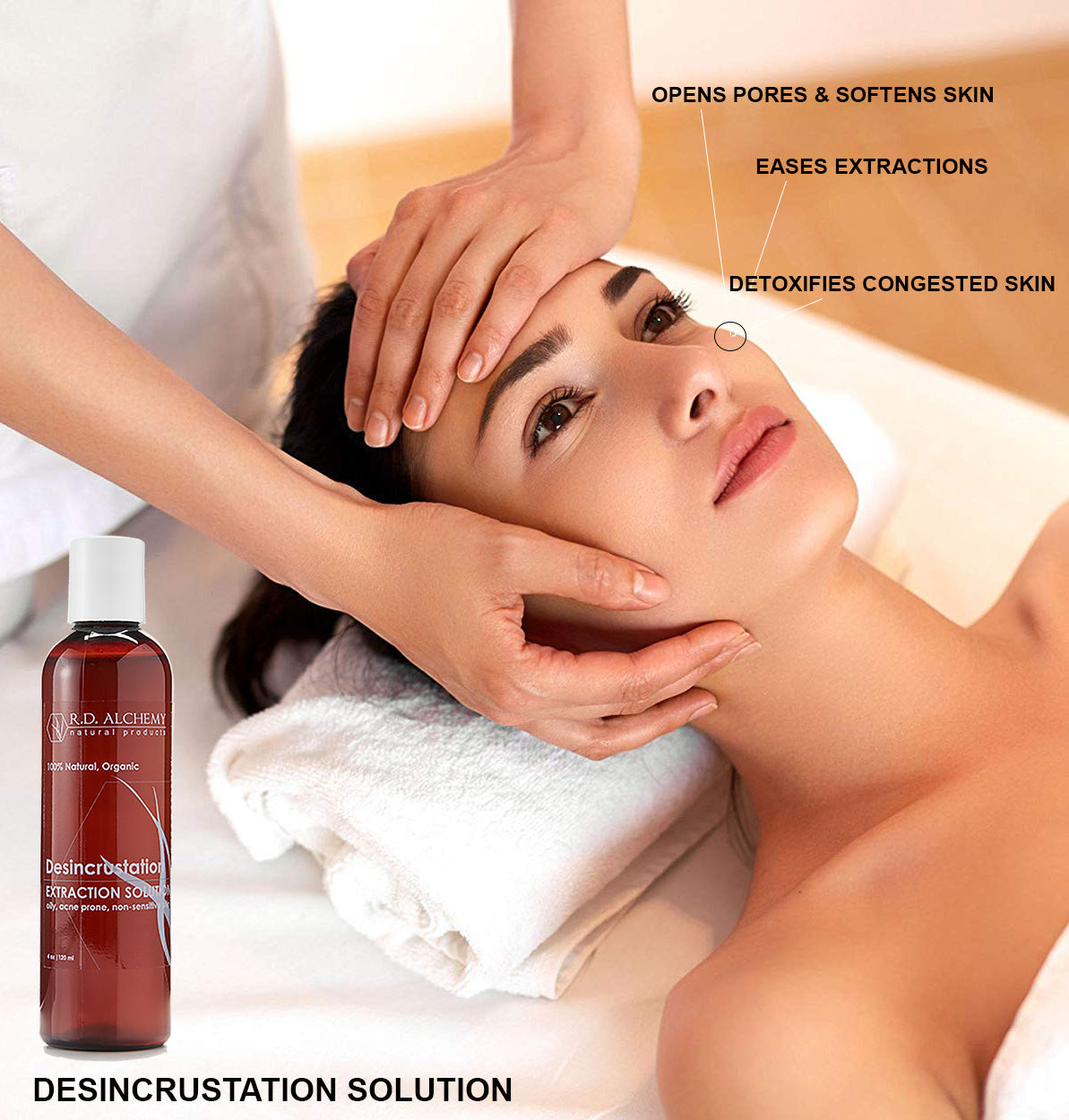 A bottle of Desincrustation Solution for blackhead removal, featuring a sleek design and clear liquid inside, ideal for skincare routines.