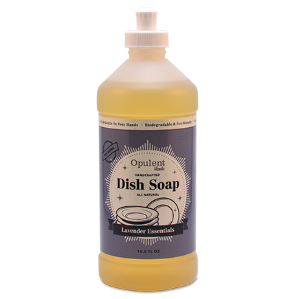Bottle of Lavender Dish Soap with a calming lavender scent, tough on grease yet gentle on hands.