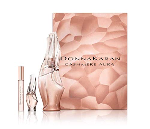 DKNY Cashmere Aura Gift Set featuring 100ml, 5ml, and 10ml EDP bottles elegantly packaged.