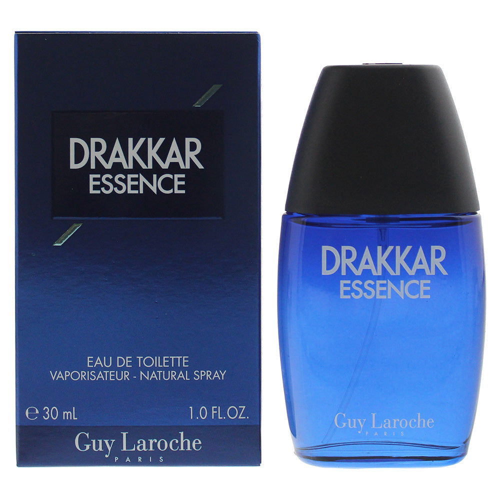 Drakkar Essence Eau de Toilette bottle showcasing its sleek design and vibrant fragrance.