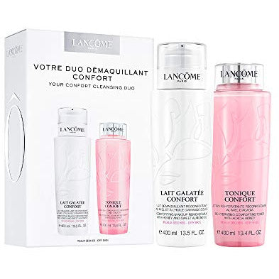 Lancôme Duo Confort Gift Set featuring 400ml Galatée Confort Cleansing Milk and 400ml Tonique Confort Hydrating Toner in elegant packaging.