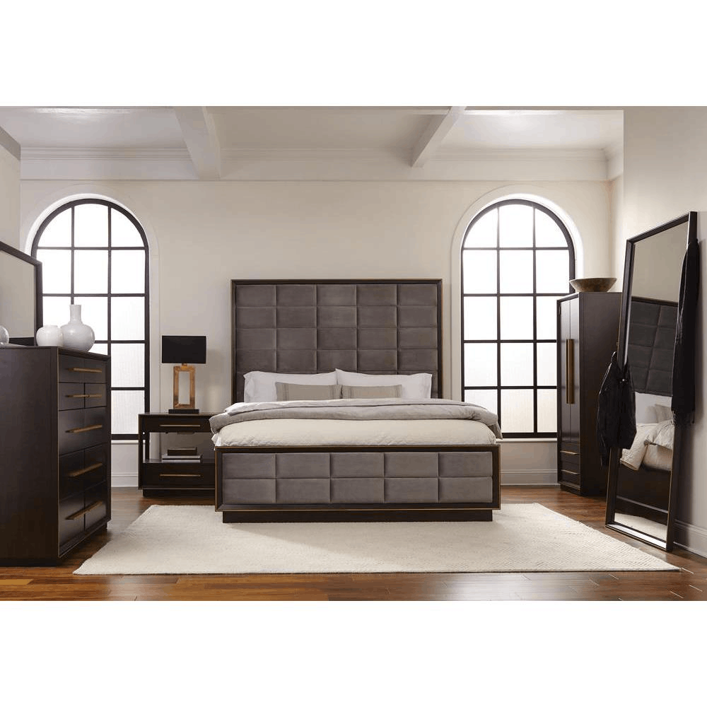 Durango 5-piece Eastern King Panel Bedroom Set in Grey and Smoked, featuring a high upholstered headboard and modern design elements.