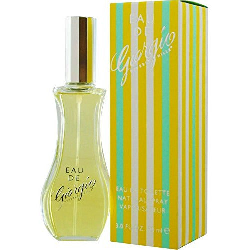 A stylish bottle of Eau de Giorgio Eau de Toilette by Giorgio Beverly Hills, featuring elegant floral and fruity design elements.