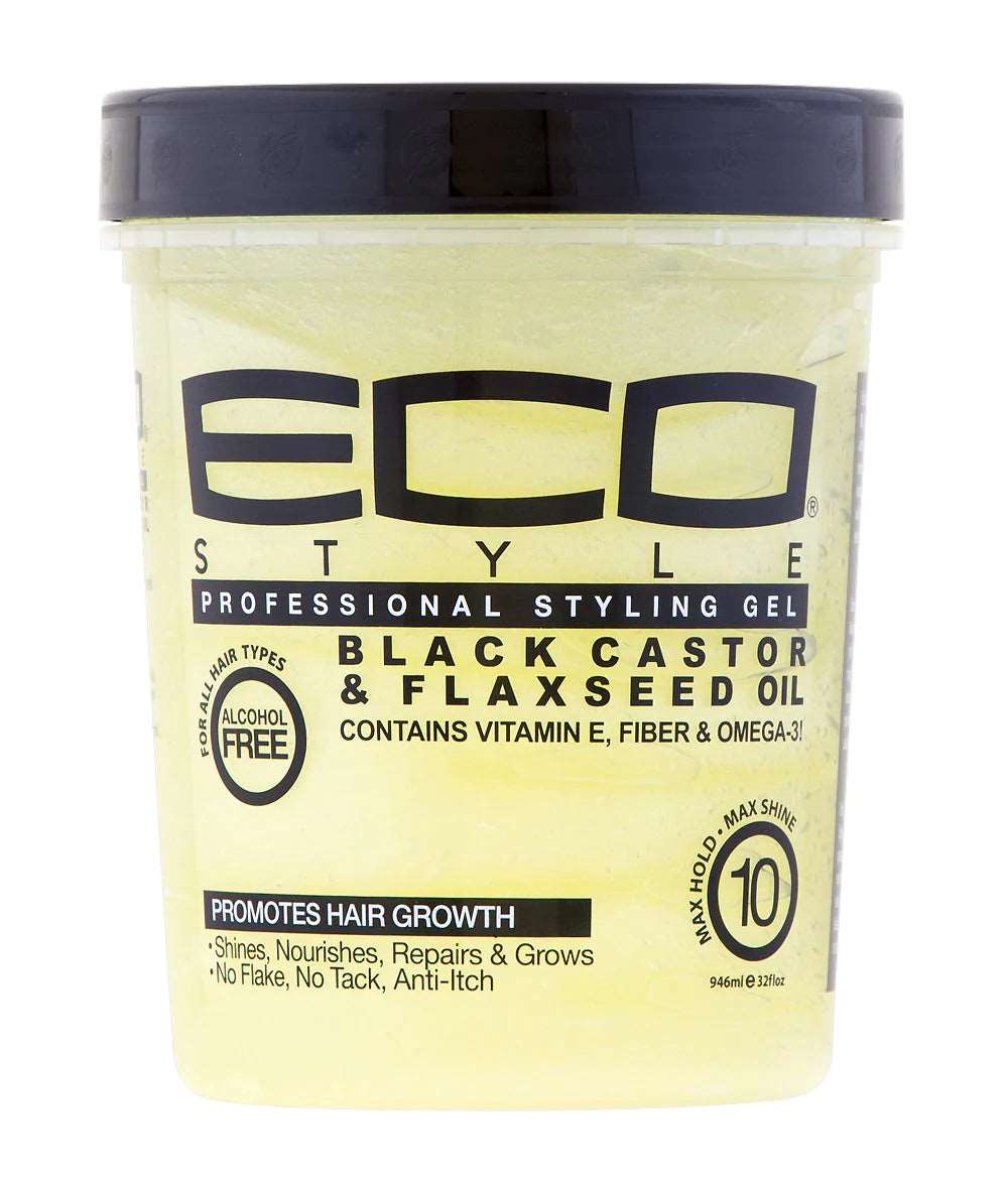 Eco Style Styling Gel 32 oz with Black Castor and Flaxseed Oil, showcasing its sleek packaging and rich texture.