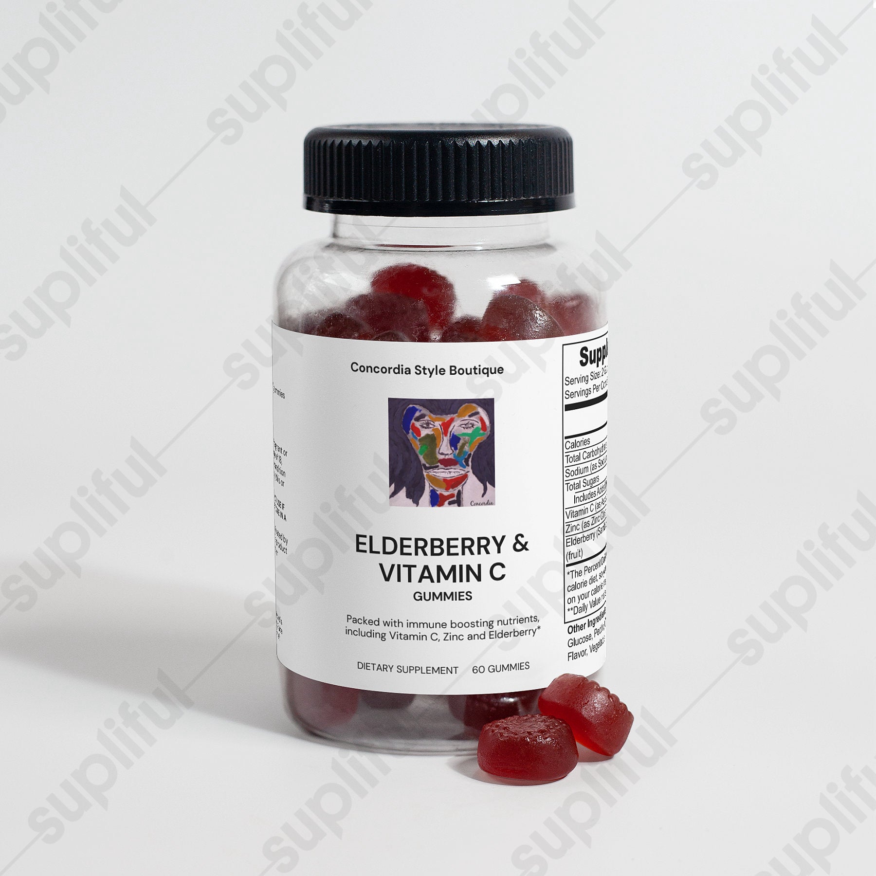 Elderberry & Vitamin C Gummies in a bottle, showcasing their vibrant color and chewy texture, ideal for immune support.