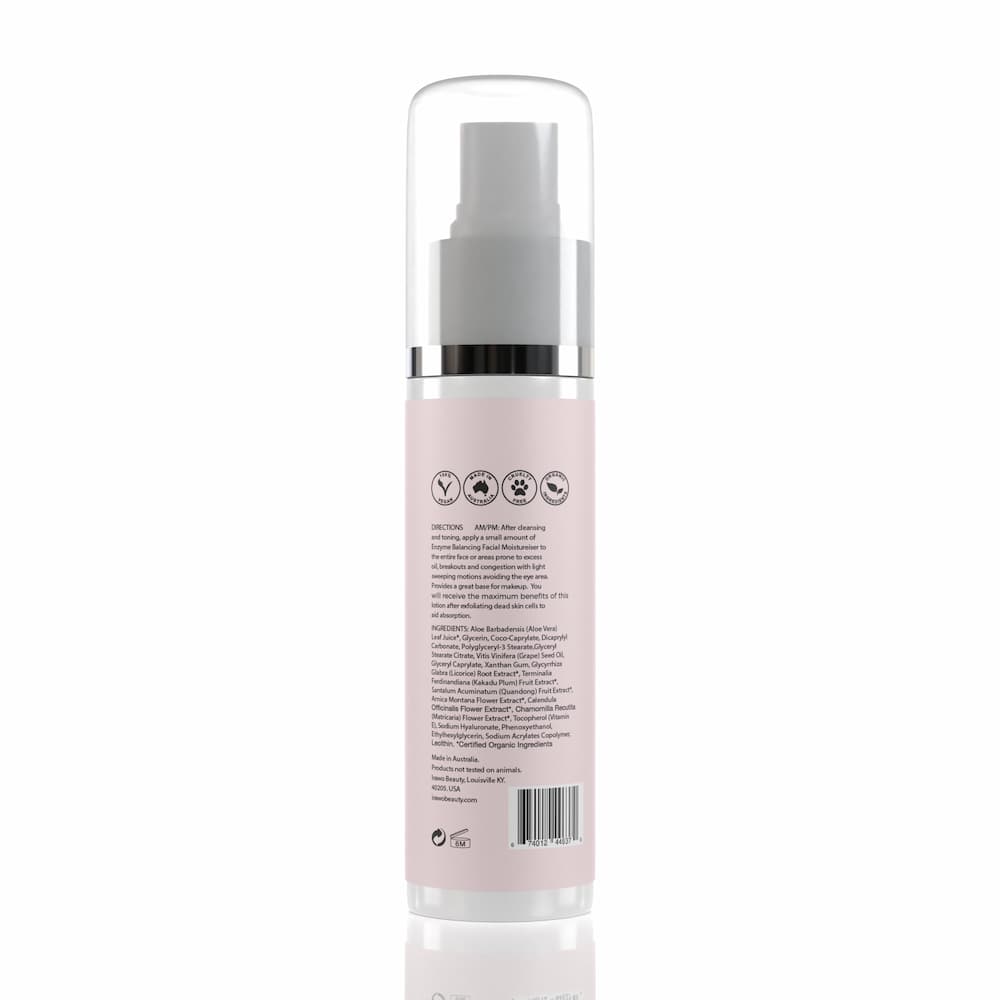 Irawo Beauty Enzyme Balancing Facial Moisturizer in a sleek bottle, showcasing its natural ingredients and eco-friendly packaging.
