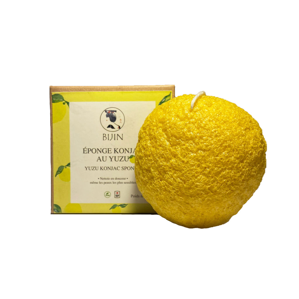 Éponge Konjac au Yuzu, douce et naturelle, idéale pour le visage et le corps, fabriquée au Japon.