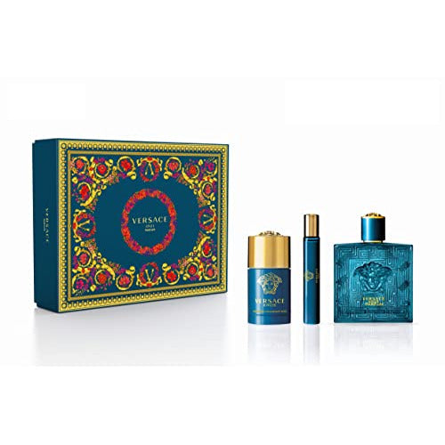 Versace Eros Parfum Gift Set featuring 100ml parfum, 10ml parfum, and 75ml deodorant stick elegantly packaged.