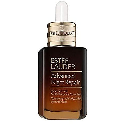 Bottle of Estee Lauder Advanced Night Repair Synchronized Multi Recovery Complex serum with a sleek design and dropper.