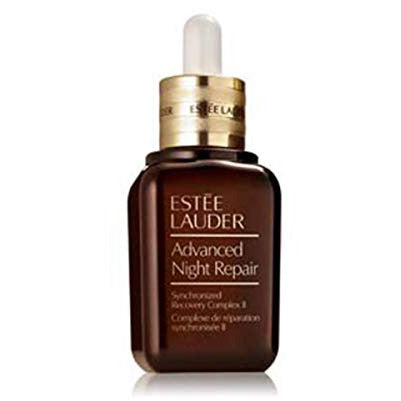 Estee Lauder Advanced Night Repair Synchronized Recovery Complex serum bottle with a dropper, showcasing its luxurious design and rich amber color.