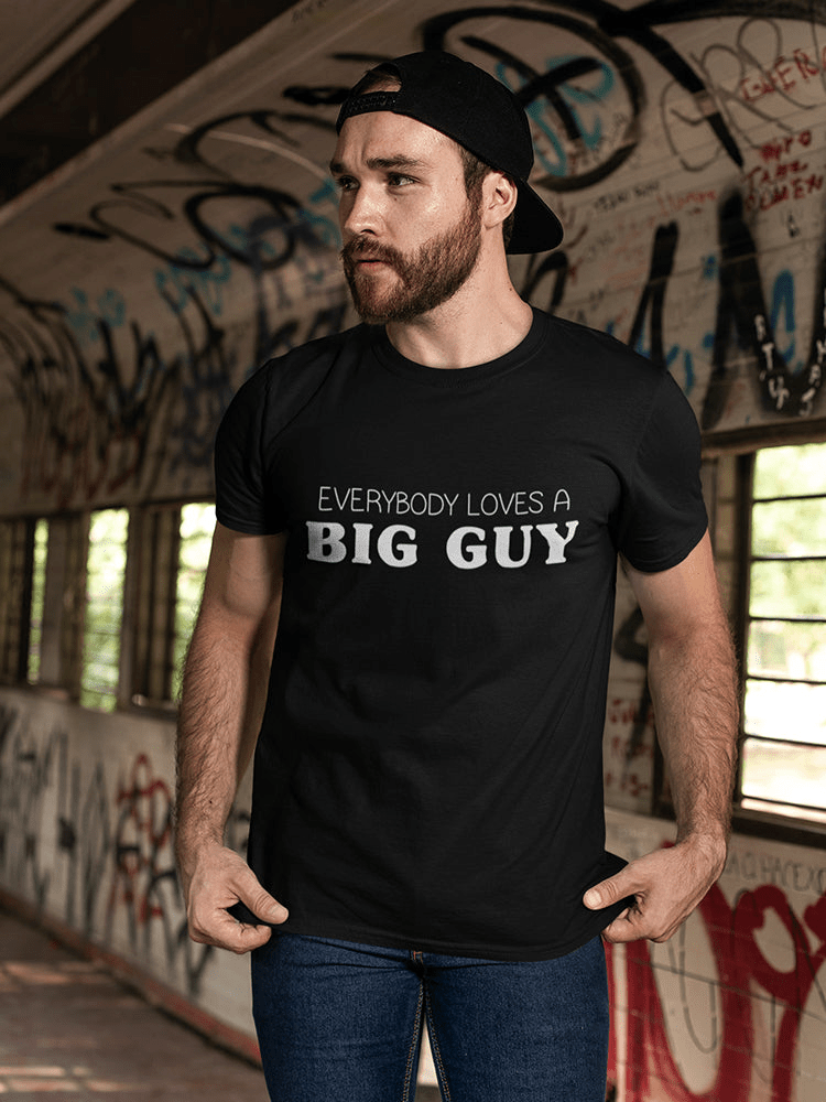 Black men's T-shirt featuring a design celebrating big guys, made from 100% cotton for comfort.