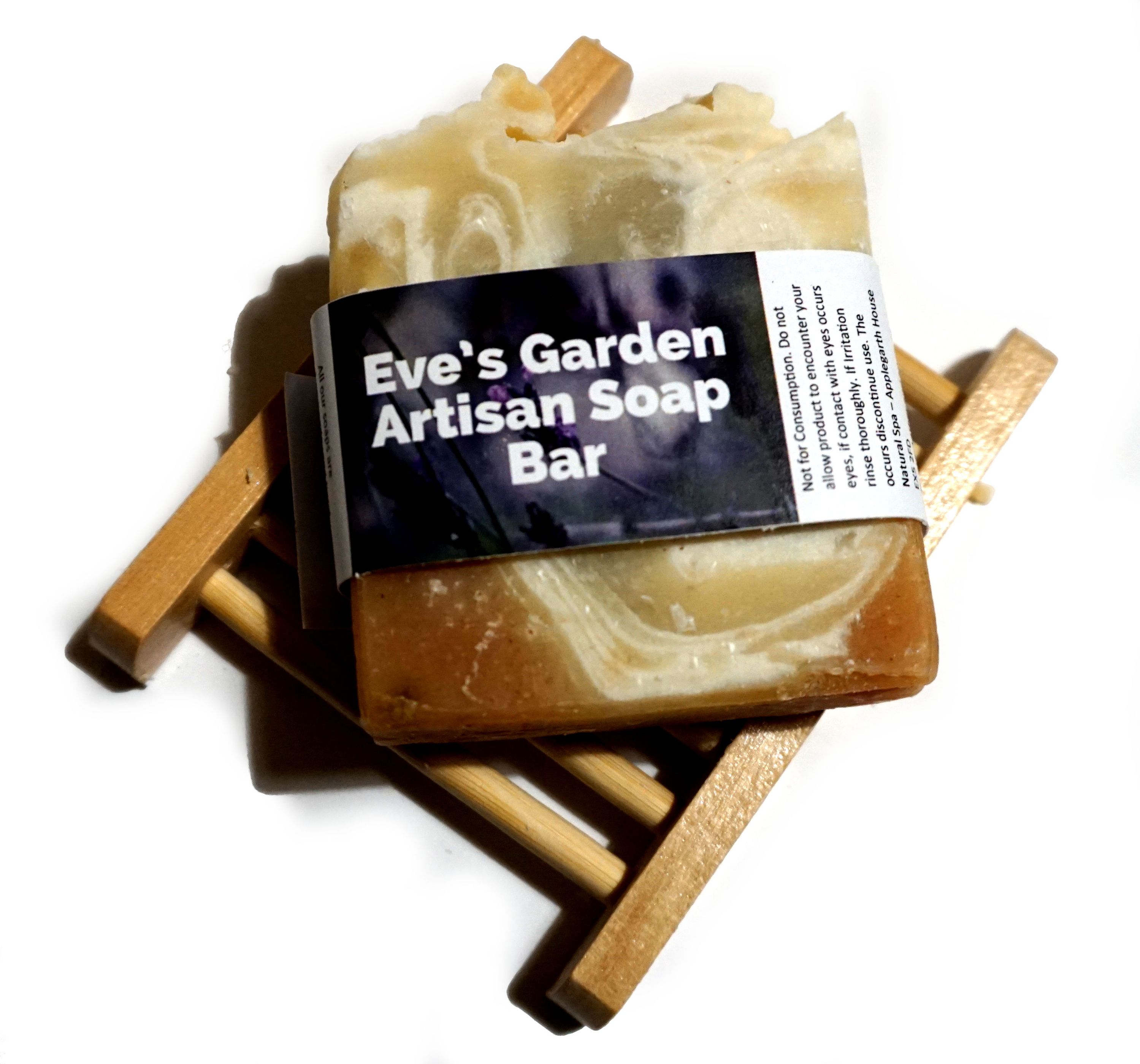 Eves Garden Cold Process Soap Bar featuring lemongrass, lavender, and pine, beautifully designed with natural ingredients.