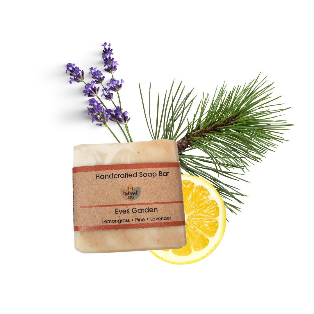 Eves Garden Cold Process Soap Bar featuring lemongrass, lavender, and pine, beautifully designed with natural ingredients.