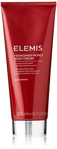 A luxurious jar of Elemis Exotic Frangipani Monoi Body Cream with a tropical floral design, showcasing its rich texture.