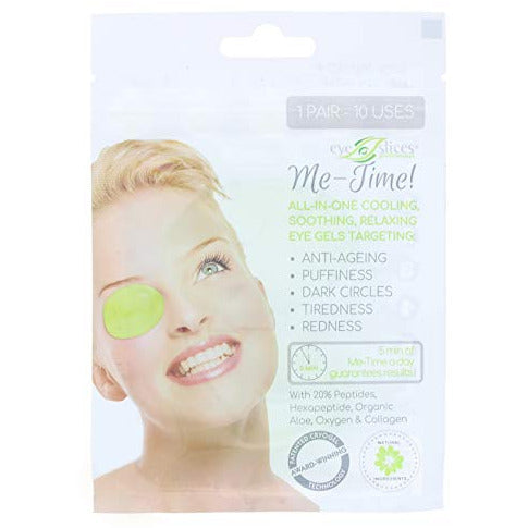 A pair of Eye Slices Relax-Restore-Revive Eye Patches displayed on a soft surface, showcasing their soothing gel texture and vibrant packaging.