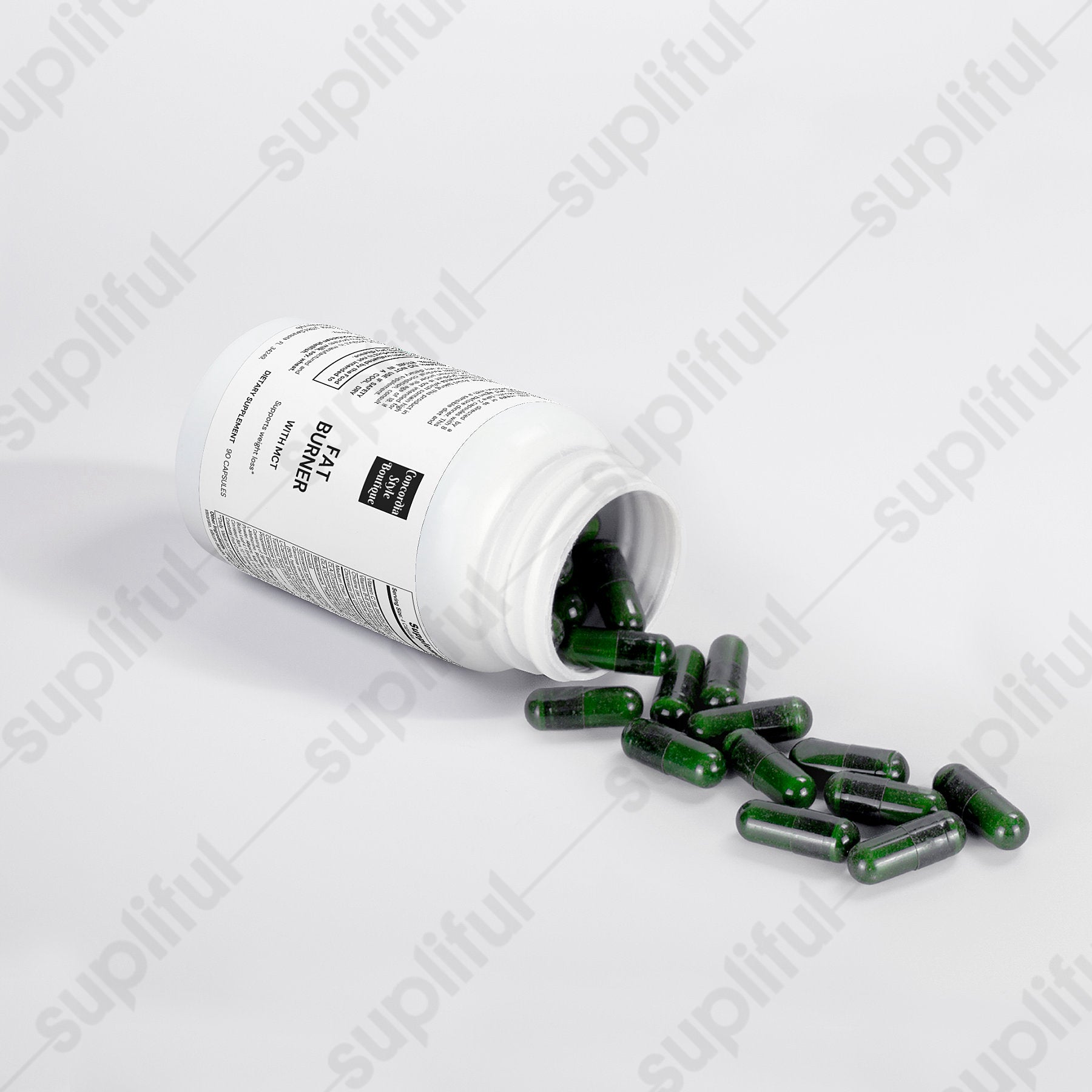Fat Burner with MCT capsules in a bottle, showcasing the product's label and design.