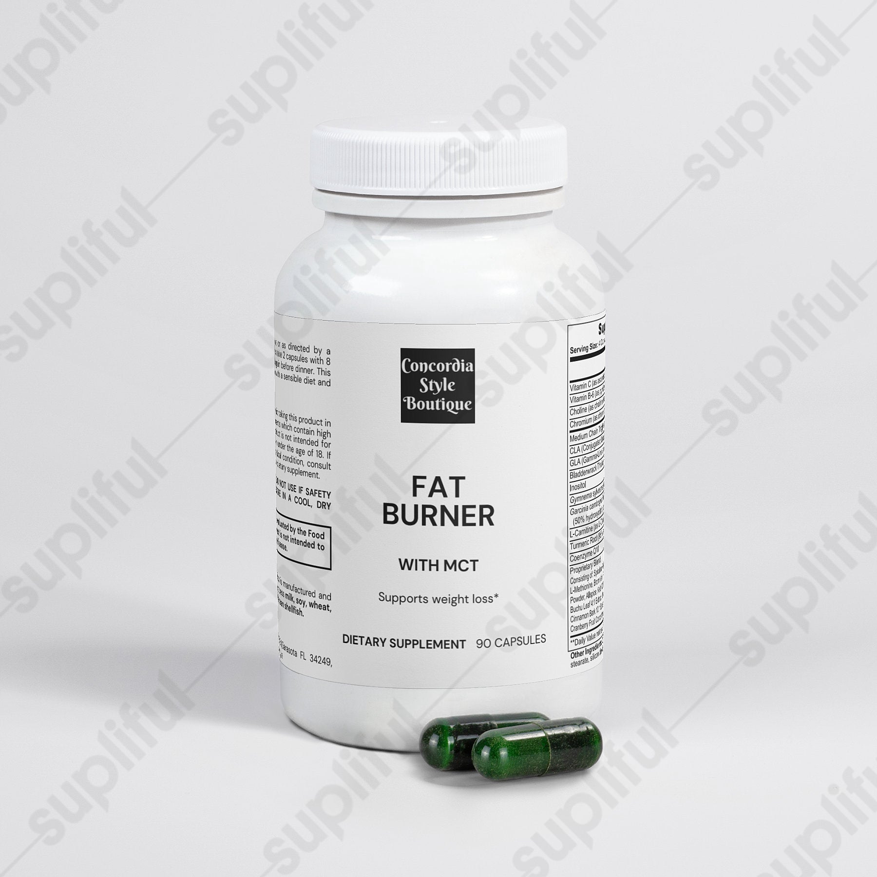 Fat Burner with MCT capsules in a bottle, showcasing the product's label and design.