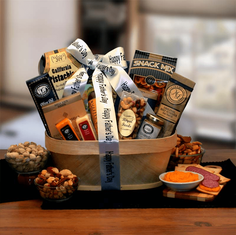 Father's Day Gourmet Nut & Sausage Assortment in a split wood container, featuring cheese spreads, sausages, nuts, and crackers, beautifully wrapped.