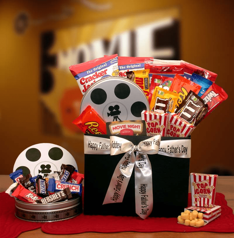 Fathers Day Movie Fest Gift Box featuring assorted candies, popcorn, and a Red Box gift card, beautifully wrapped with a bow.