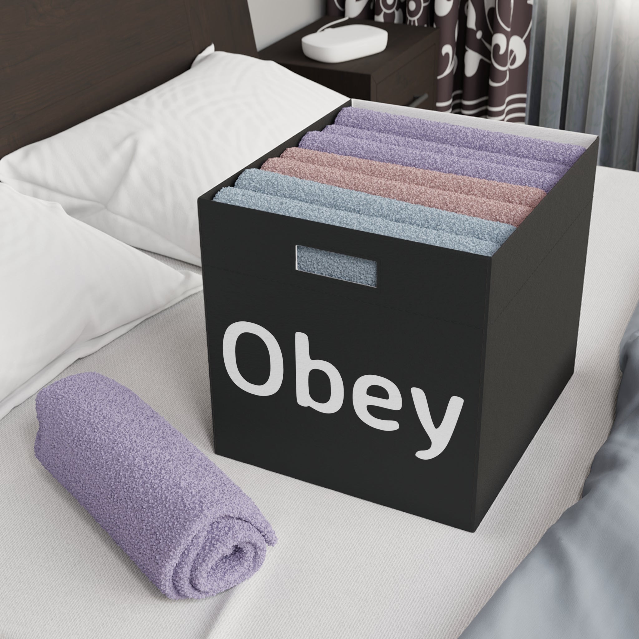 Stylish Felt Storage Box - Obey in grey, perfect for home organization, showcasing its dimensions and foldable design.