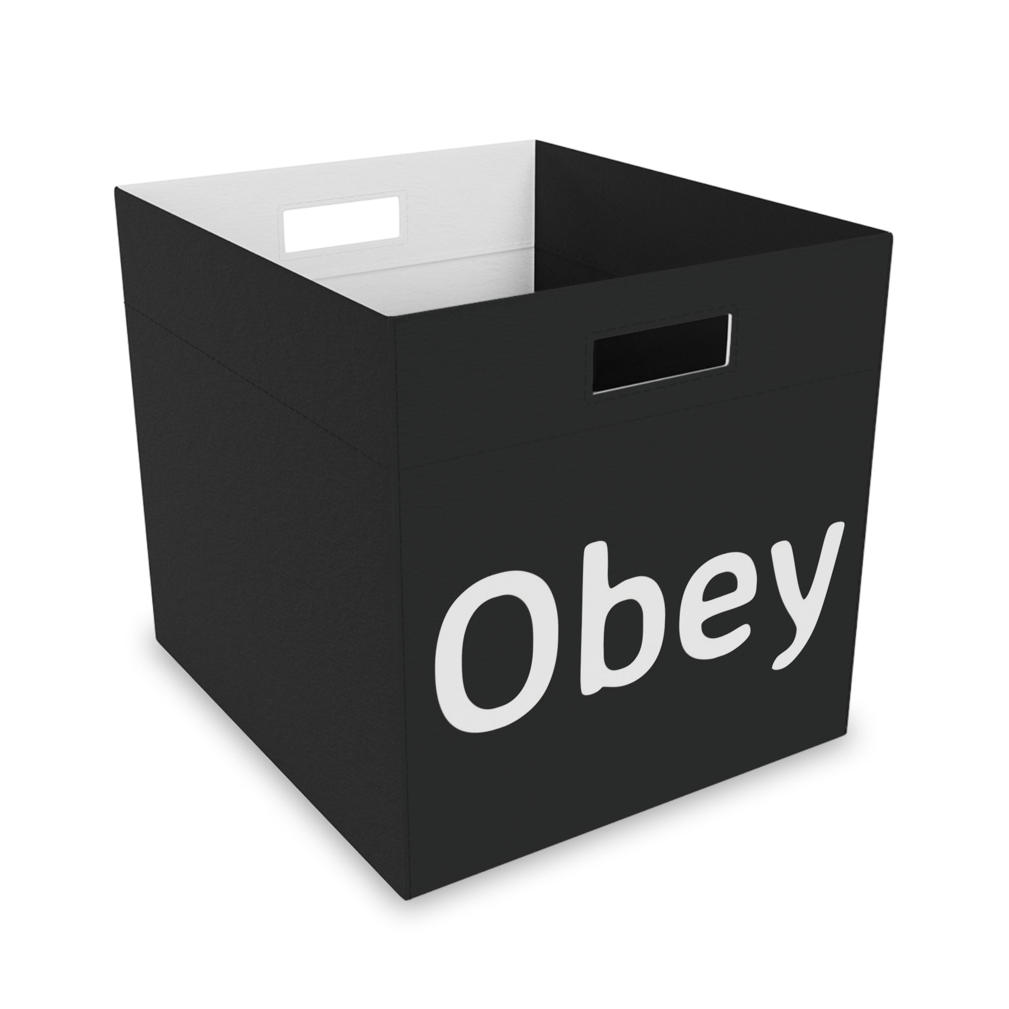 Stylish Felt Storage Box - Obey in grey, perfect for home organization, showcasing its dimensions and foldable design.