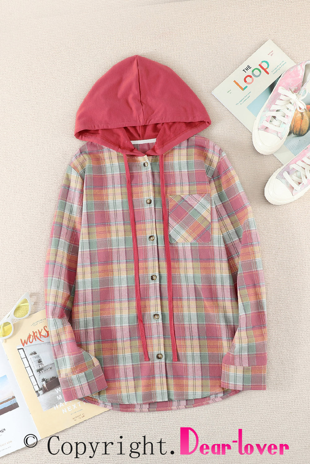 Fiery Red Drawstring Plaid Hooded Shacket displayed on a mannequin, showcasing its stylish plaid pattern and hood.