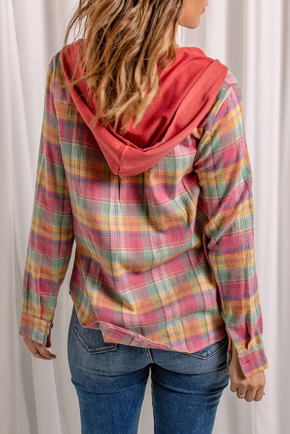 Fiery Red Drawstring Plaid Hooded Shacket displayed on a mannequin, showcasing its stylish plaid pattern and hood.