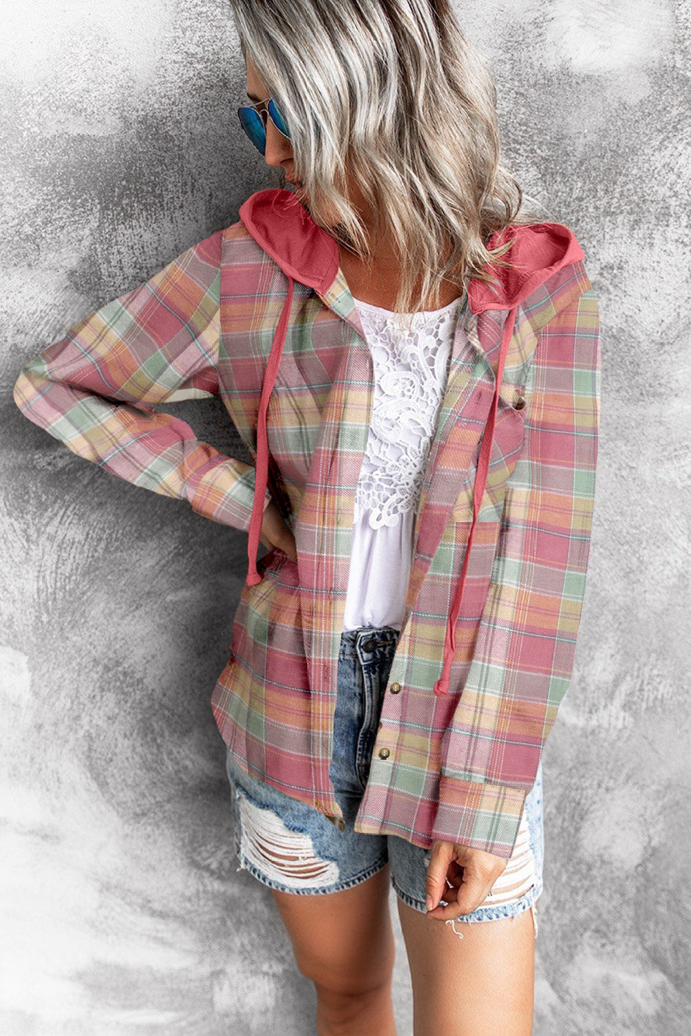 Fiery Red Drawstring Plaid Hooded Shacket displayed on a mannequin, showcasing its stylish plaid pattern and hood.
