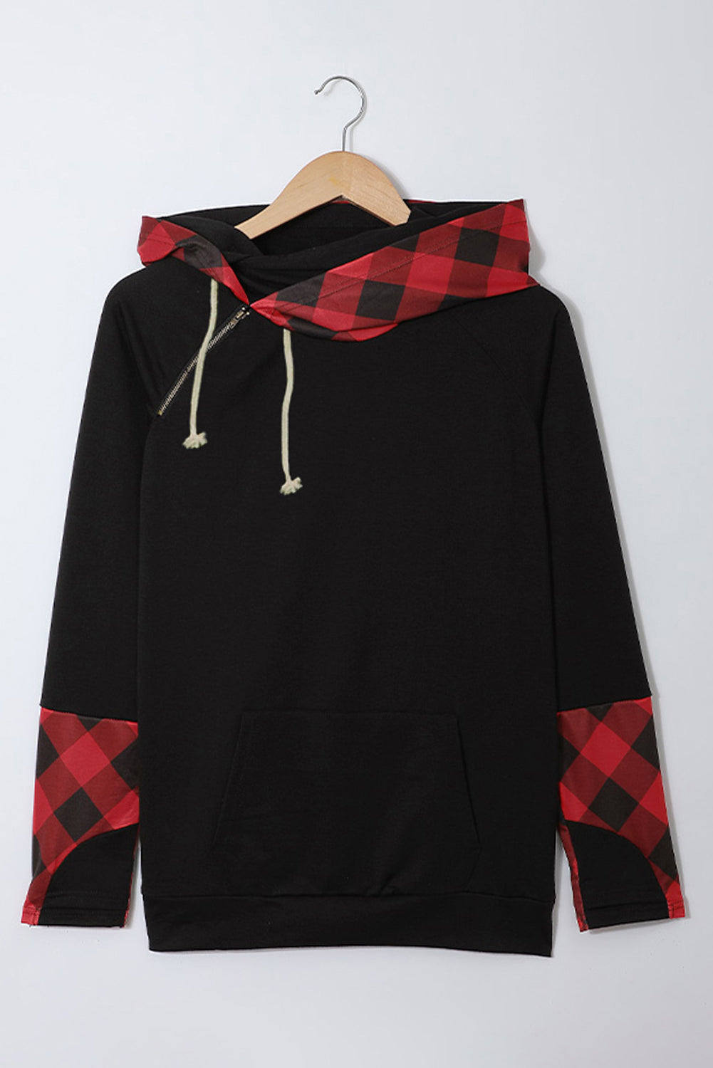 Fiery Red Plaid Double Hoods Thumb Hole Hoodie with zipper detail and thumb holes, showcasing a stylish and cozy design.