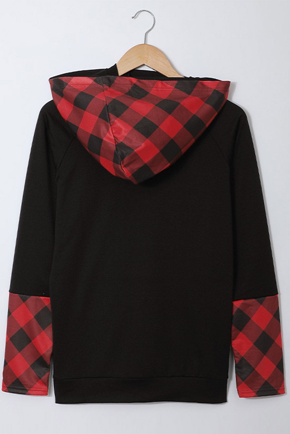 Fiery Red Plaid Double Hoods Thumb Hole Hoodie with zipper detail and thumb holes, showcasing a stylish and cozy design.