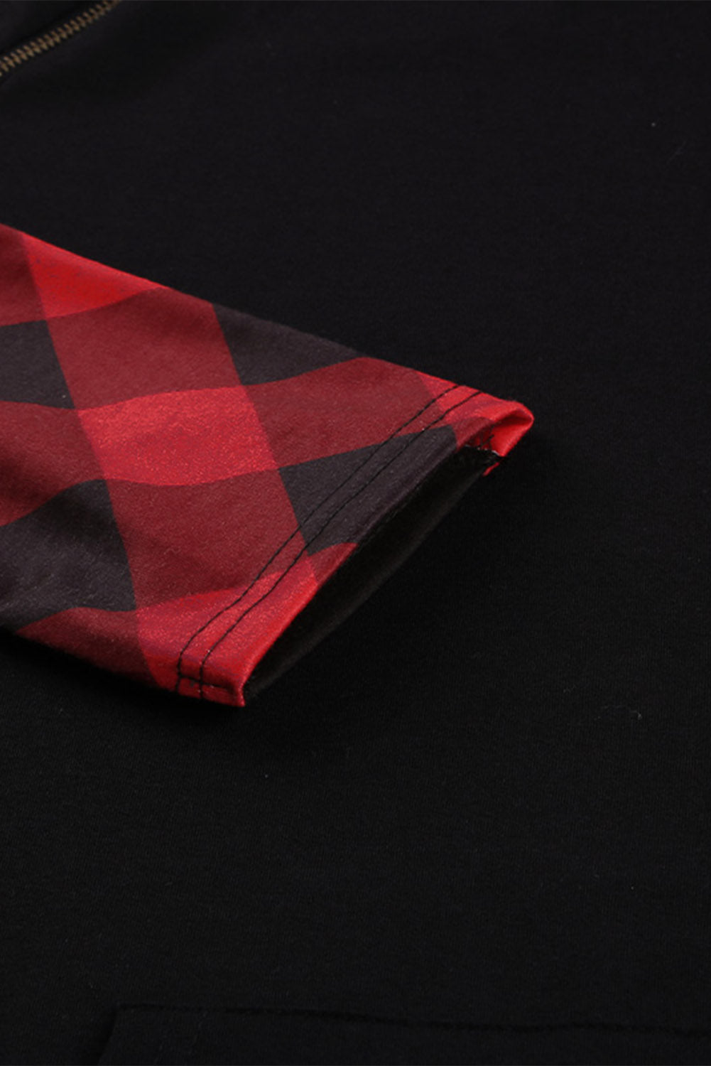 Fiery Red Plaid Double Hoods Thumb Hole Hoodie with zipper detail and thumb holes, showcasing a stylish and cozy design.