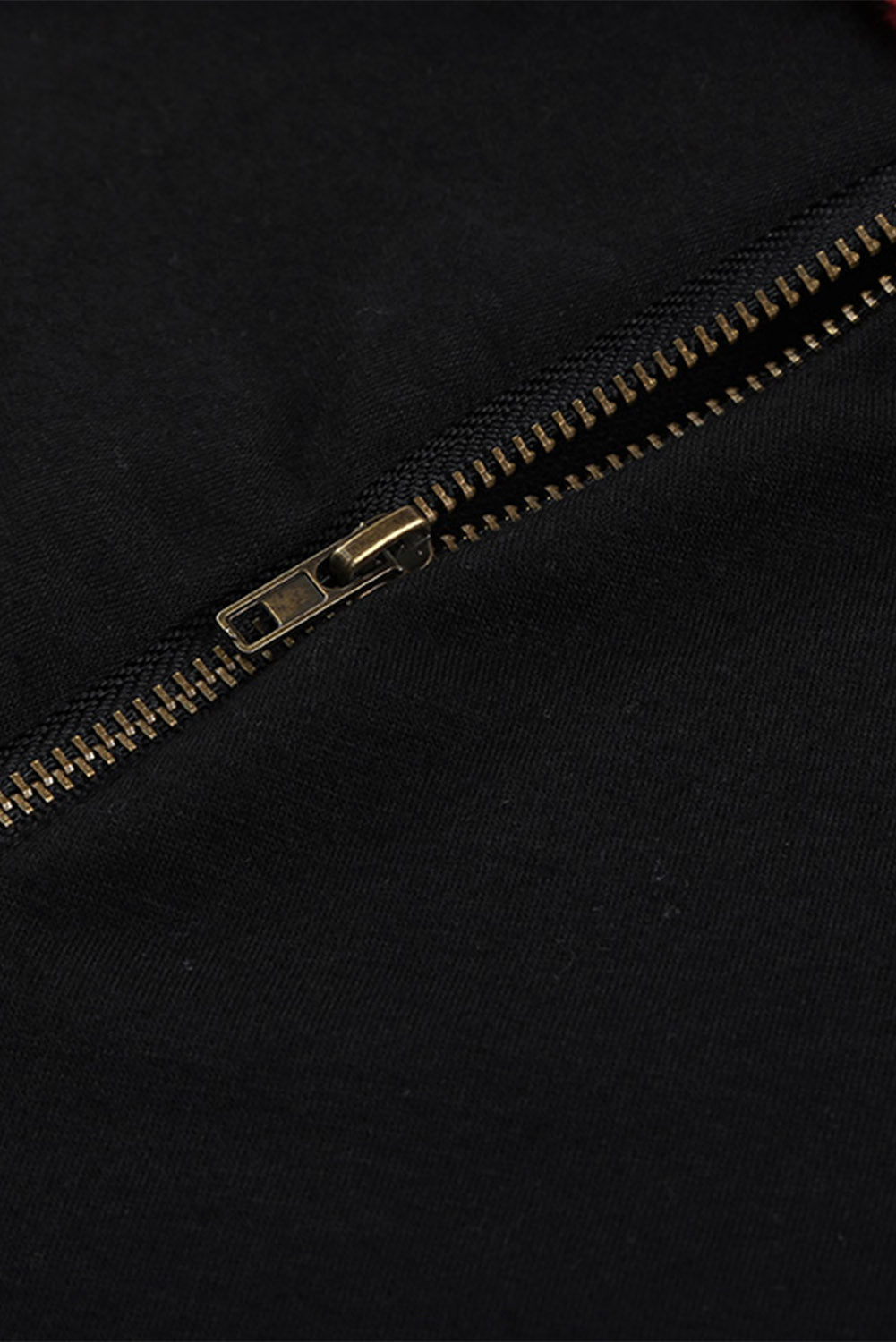 Fiery Red Plaid Double Hoods Thumb Hole Hoodie with zipper detail and thumb holes, showcasing a stylish and cozy design.