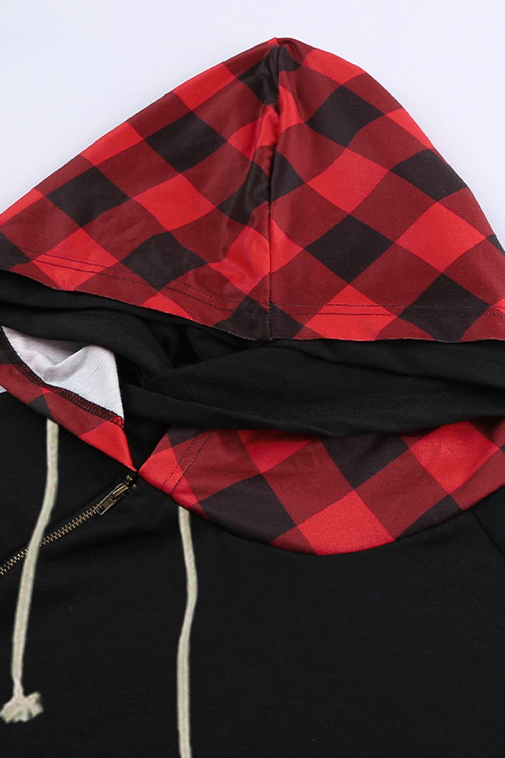 Fiery Red Plaid Double Hoods Thumb Hole Hoodie with zipper detail and thumb holes, showcasing a stylish and cozy design.
