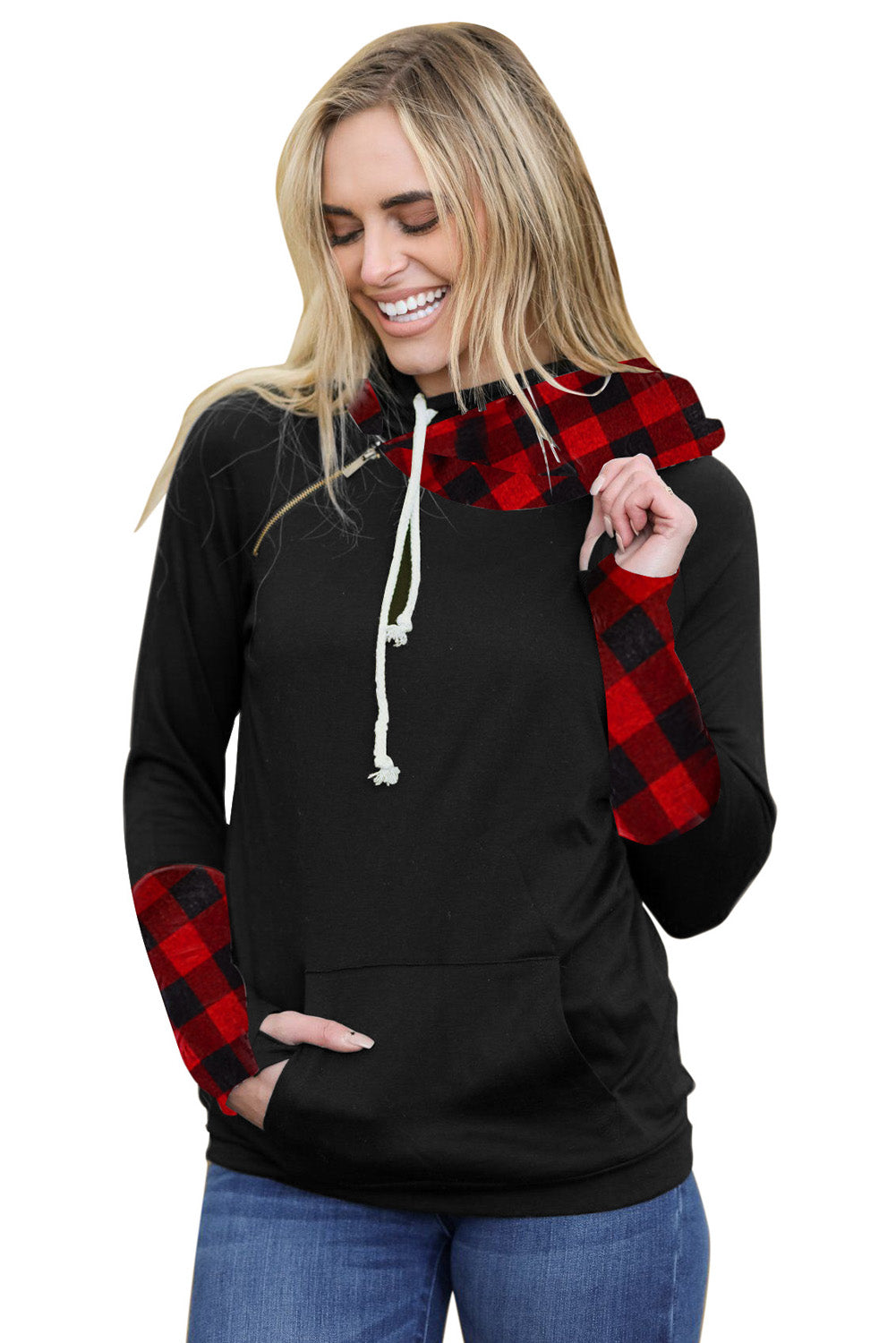 Fiery Red Plaid Double Hoods Thumb Hole Hoodie with zipper detail and thumb holes, showcasing a stylish and cozy design.