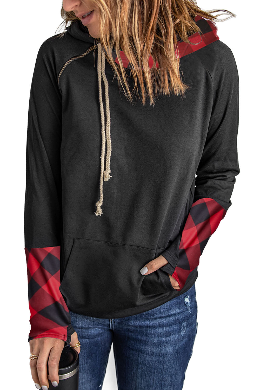 Fiery Red Plaid Double Hoods Thumb Hole Hoodie with zipper detail and thumb holes, showcasing a stylish and cozy design.