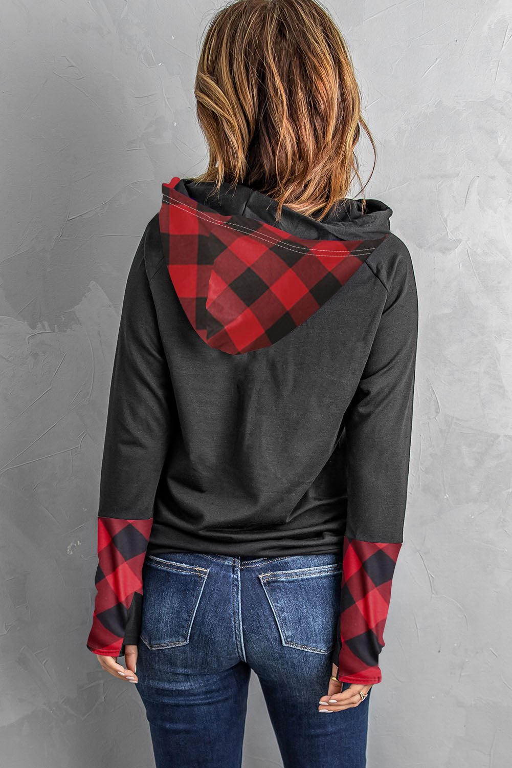 Fiery Red Plaid Double Hoods Thumb Hole Hoodie with zipper detail and thumb holes, showcasing a stylish and cozy design.
