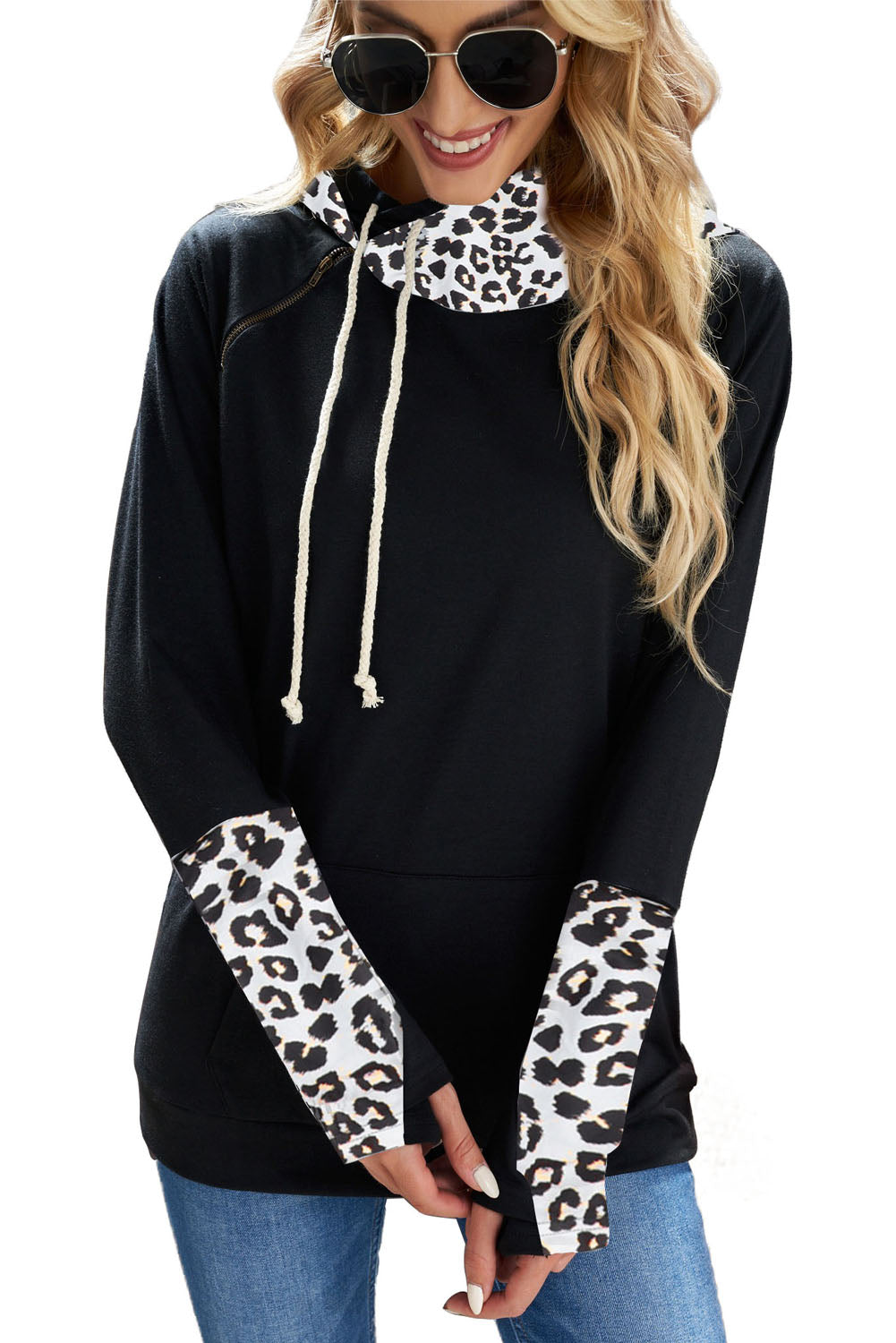 Fiery Red Plaid Double Hoods Thumb Hole Hoodie with zipper detail and thumb holes, showcasing a stylish and cozy design.