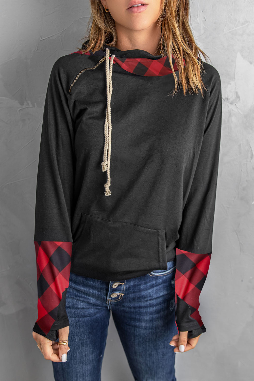 Fiery Red Plaid Double Hoods Thumb Hole Hoodie with zipper detail and thumb holes, showcasing a stylish and cozy design.