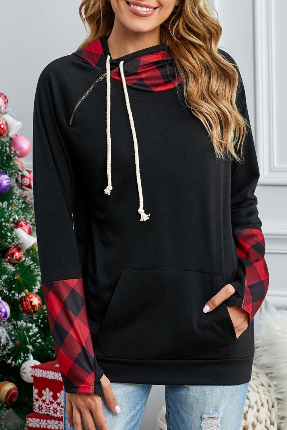 Fiery Red Plaid Double Hoods Thumb Hole Hoodie with zipper detail and thumb holes, showcasing a stylish and cozy design.
