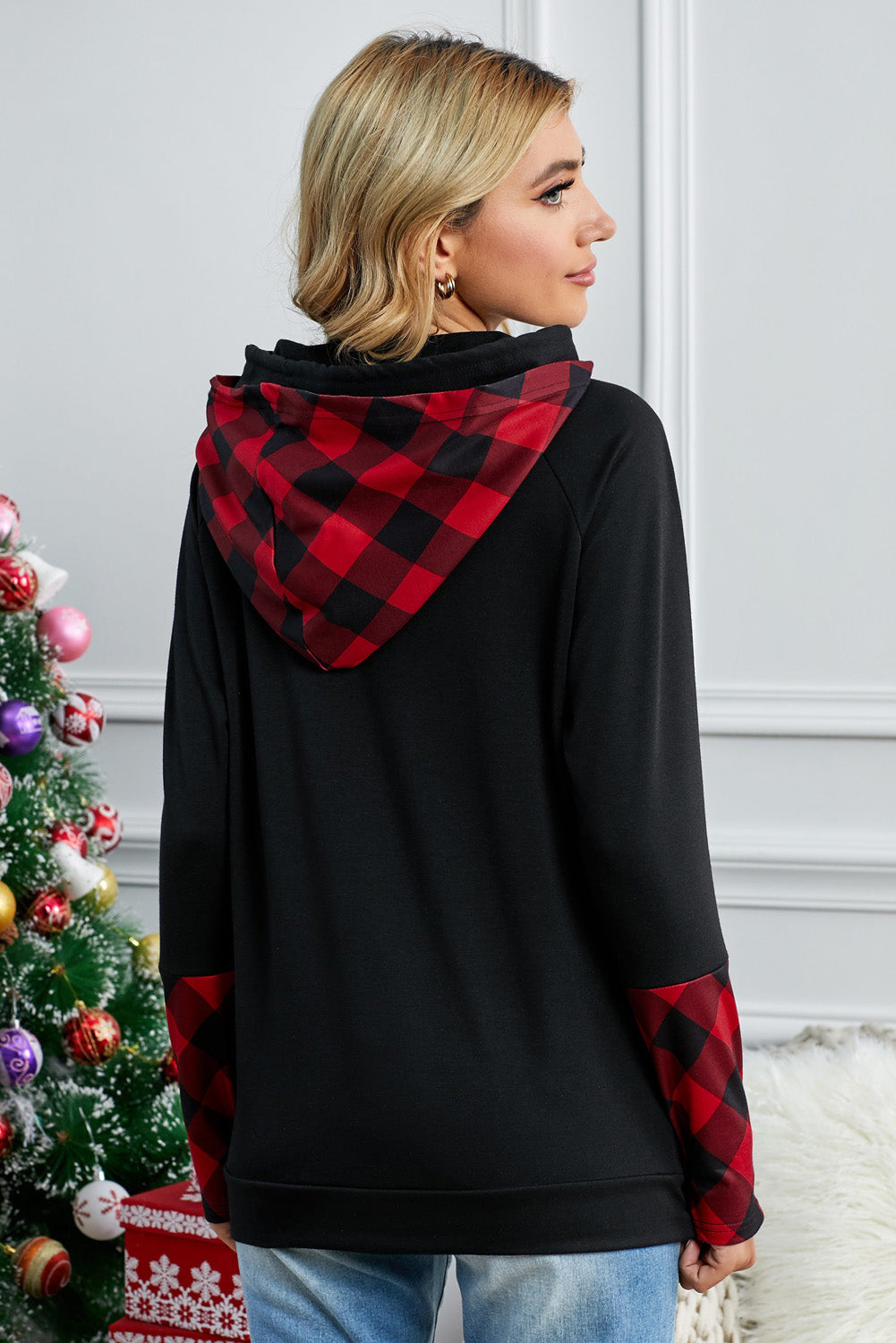 Fiery Red Plaid Double Hoods Thumb Hole Hoodie with zipper detail and thumb holes, showcasing a stylish and cozy design.